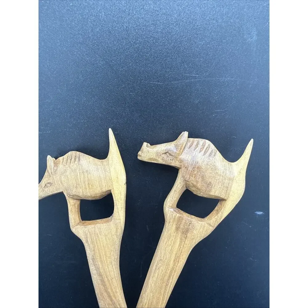Vintage Hand Carved Wooden Wild Boar Pig Salad Serving Spoon Fork Teak Set